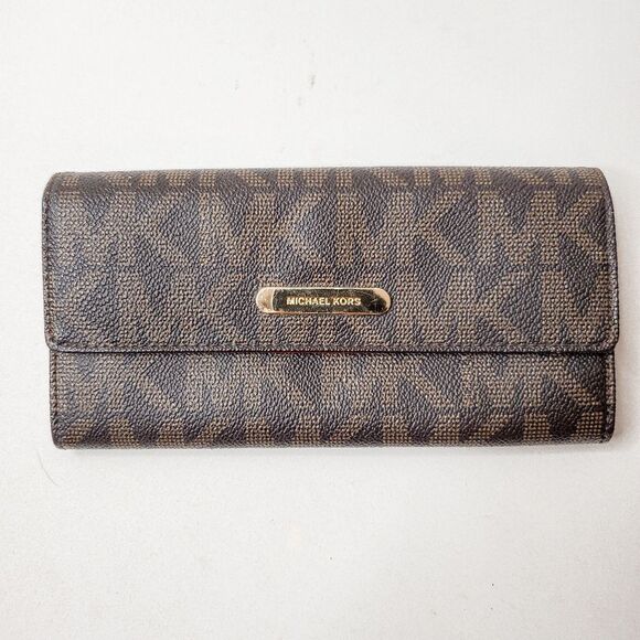 Michael Kors MK Logo Jet Set Travel Trifold Checkbook Wallet Brown - Picture 1 of 6